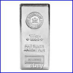 100 oz Royal Canadian Mint (RCM). 9999 Fine Silver Bar
