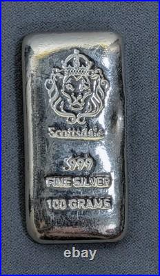 100g Scottsdale Mint Poured Silver Bar. 999 Fine Silver Bullion 3.215 oz