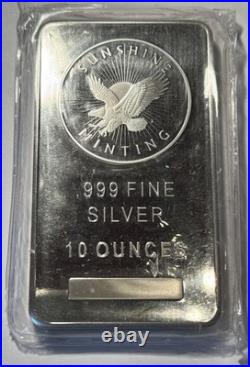 10 Oz. 999 Fine Silver Bar, Sunshine Minting, Eagle, New, Sealed In Plastic 10 Oz. 999 Fine Silver Bar, Sunshine Minting, Eagle, New, Sealed In Plastic