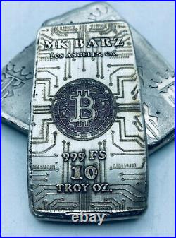 10 Ozt MK BarZ Bitcoin Monogrammed Back Weight Bar. 999 Fine Silver