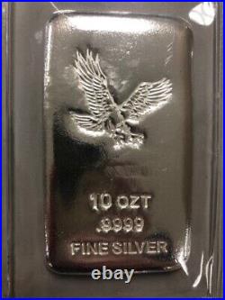 10 Troy Oz Silver Bar (CNT) Eagle Design. 9999 Fine (BU) Sealed