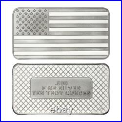 10 Troy oz American Flag. 999 Fine Silver Bar Sealed