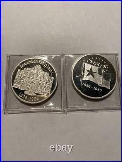 1986 Texas 150th Anniversary 2x 1 oz. 999 Fine Silver Alamo & Flag Round Set