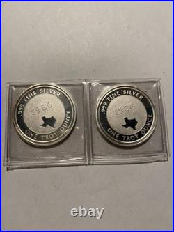 1986 Texas 150th Anniversary 2x 1 oz. 999 Fine Silver Alamo & Flag Round Set