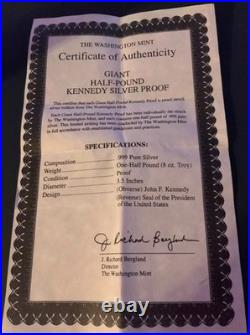 1995 8 Ounce Silver Pure. 999 Fine Bullion John F. Kennedy Round, some toning