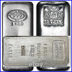 1 Kilo (32.15 troy oz) Silver Bar. 999 Fine Secondary Market Mix Mint