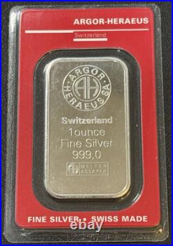 1 Oz. 999 Fine Silver Argor Heraeus Switzerland In Red Assay Card Swiss Silver