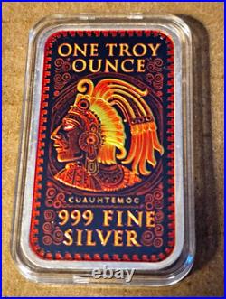 1 oz. 999 Fine Silver Bar Cuauhtemoc Aztec Calendar Colored Bullion