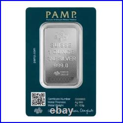 1 oz Silver Bar PAMP Suisse Lady Fortuna 45th Ann. 999 Fine Silver In Assay
