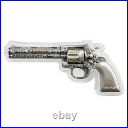 1 oz Silver Revolver Gun Shaped Antiqued High Relief. 999 Fine