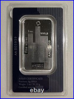 1 oz Valcambi Skyline Silver Bar. 999 Fine with Assay Card Swiss Minted Bullion