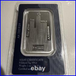 1 oz Valcambi Skyline Silver Bar. 999 Fine with Assay Card Swiss Minted Bullion