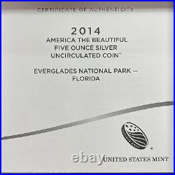 2014 5 Oz. 999 Fine Silver Us America The Beautiful Everglades Florida Complete