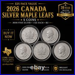 2026 Canada Silver Maple Leaf 1 oz BU Lot of 5.9999 Fine Silver Coins