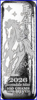 2026 Lunar Year of the Horse 100g. 999 Fine Silver Bar with SDM Bag