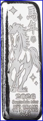 2026 Lunar Year of the Horse 100g. 999 Fine Silver Bar with SDM Bag