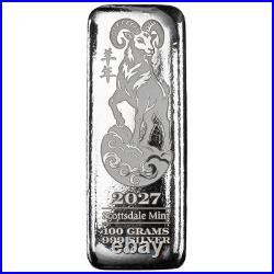 2027 100g Silver Lunar Year of the Goat. 999 Fine Silver Bar #A771