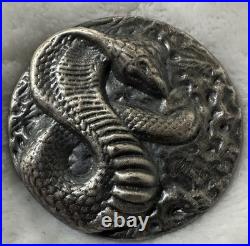 2.77oz Cobra. 999 Fine Silver High Relief Cast Art Bar Antique Finish