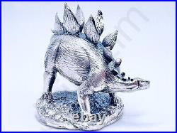 2.8 oz Hand Poured Silver Bar. 999+ Fine Stegosaurus Dinosaur Bullion 3D Statue