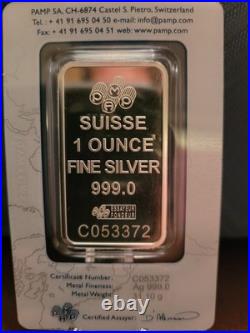 (2) PAMP Suisse 1oz. 999 Fine Silver Bullion Bar Lady Fortuna in Numerical order