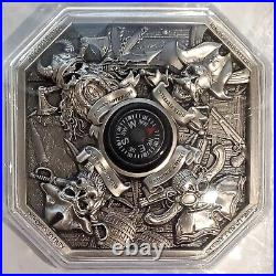 2 oz. 999 Fine Silver Antiqued Komsco Today The Kings of Pirates withcompass