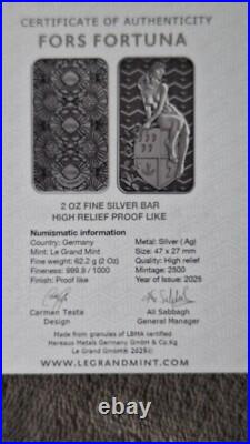 2 oz. Fine Silver Bar High Relief Fors Fortuna WithCOA