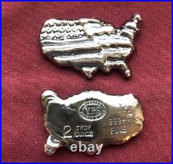 2 oz YPS 999+ fine silver bullion bar Yeager's Poured Silver USA Map / Flag