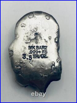 3.5 Ozt MK BarZ Black Jack Skull Bar. 999 Fine Silver