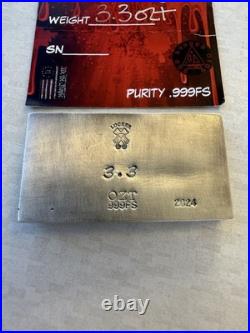 3 Oz. 999 Fine Silver Locker Mint DTOM Shaped Thick Art Bar USA