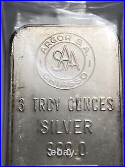 3 Oz Fine Silver Bullion (. 999) Vintage Bar ARGOR S. A. CHIASSO ESSAYEUR