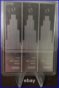 (3 oz) 3 x 1 oz Valcambi Skyline CombiBar With Assay 0.999 Fine Silver Bullion