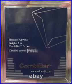(3 oz) 3 x 1 oz Valcambi Skyline CombiBar With Assay 0.999 Fine Silver Bullion