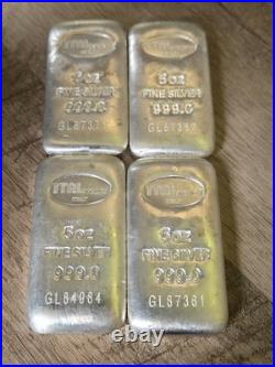 (4) 5 oz Italpreziosi Italian Silver Cast Bars. 999 Fine Total 20 Ozs