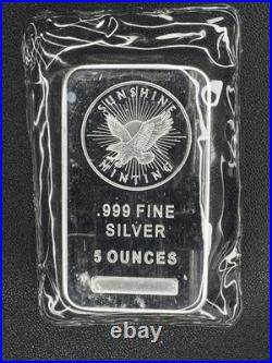 5 Ounce. 999 Fine Silver Bar, Sunshine Minting, Sealed