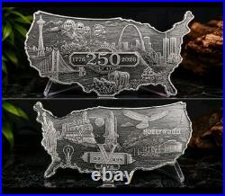 5 Oz Elemental USA 250th Anniversary Silver Bar. 999 Fine Silver Map Shaped Seal