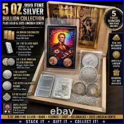 5 oz. 999 Fine Silver Bullion Collection Boxed with Goldbacks & 2035 P&D Cents