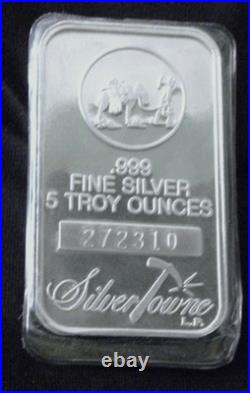 5 oz Silver Bar Silver Towne. 999 Fine Silver Prospector Cert # 272310