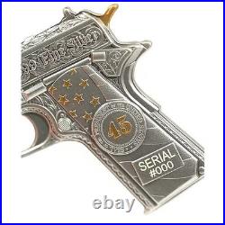 999 Fine Silver 1 oz Bullion Trump Gangster Gun. 45 Caliber The Don 45