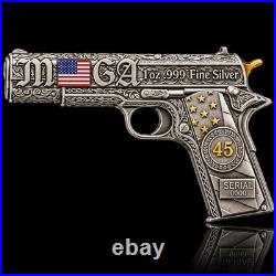 999 Fine Silver MAGA Bullion 1 oz Silver Gun with Box Rare Trump Collectible