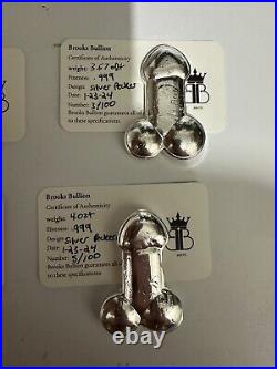 999 fine silver 3.11 oz silver pecker silver Wiener custom hand poured bullion