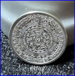 AZTEC CALENDAR/CUAUHTEMOC, 2oz. 999 FINE SILVER ART ROUND, NICE