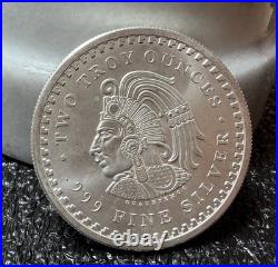AZTEC CALENDAR/CUAUHTEMOC, 2oz. 999 FINE SILVER ART ROUND, NICE