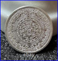 AZTEC CALENDAR/CUAUHTEMOC, 2oz. 999 FINE SILVER ART ROUND, NICE