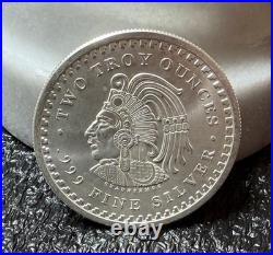 AZTEC CALENDAR/CUAUHTEMOC, 2oz. 999 FINE SILVER ART ROUND, NICE