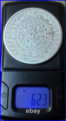 AZTEC CALENDAR/CUAUHTEMOC, 2oz. 999 FINE SILVER ART ROUND, NICE