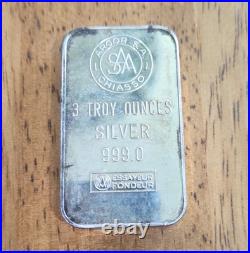 Argor S. A. Chiasso 3 Troy oz Silver Bullion Bar. 999 Fine 999.0
