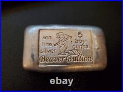 Beaver Bullion 5 oz. 999 Fine Silver Poured Bar RARE Hand Poured