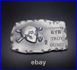 Bone Yard Bullion 2oz. 999 Fine Silver Pirate SKULL Crossbones Bar Ignot