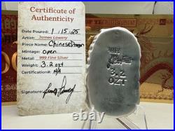 Custom Poured Silver Chinese Dragon. 999 Fine Silver Bar