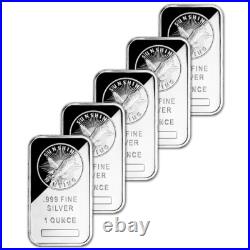 FIVE (5) 1 oz Silver Bar Sunshine Minting. 999 Fine Sealed